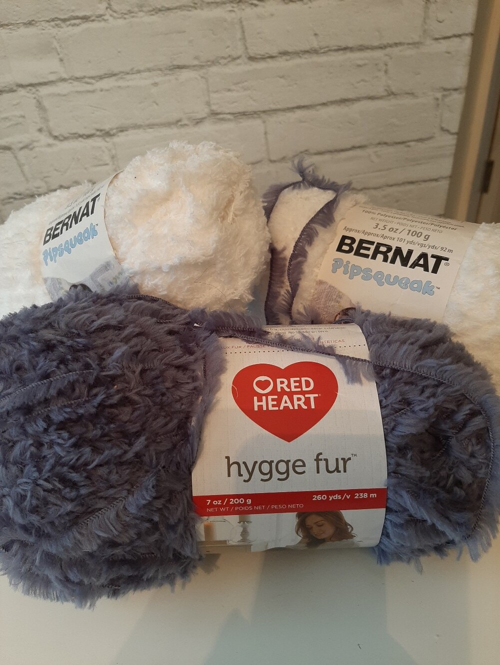 Hygge Fur Plush Throw Yarn 7 Ozs- Gray And 2 Skeins Bernat Pipsqeak 3.5 Ozs Each